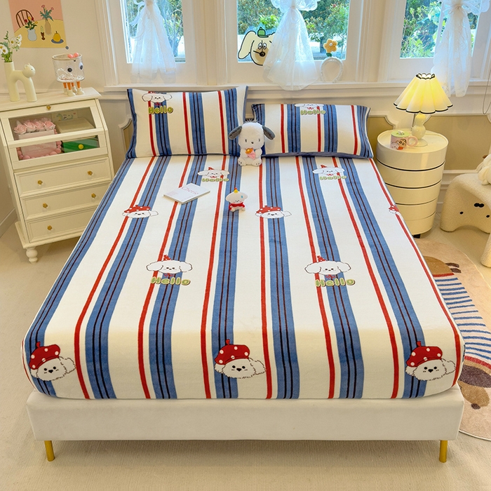 91家纺网 家纺一手货源 找家纺 摩妮卡 2025新款印花系列小清新牛奶绒印花床笠三件套 旺星人