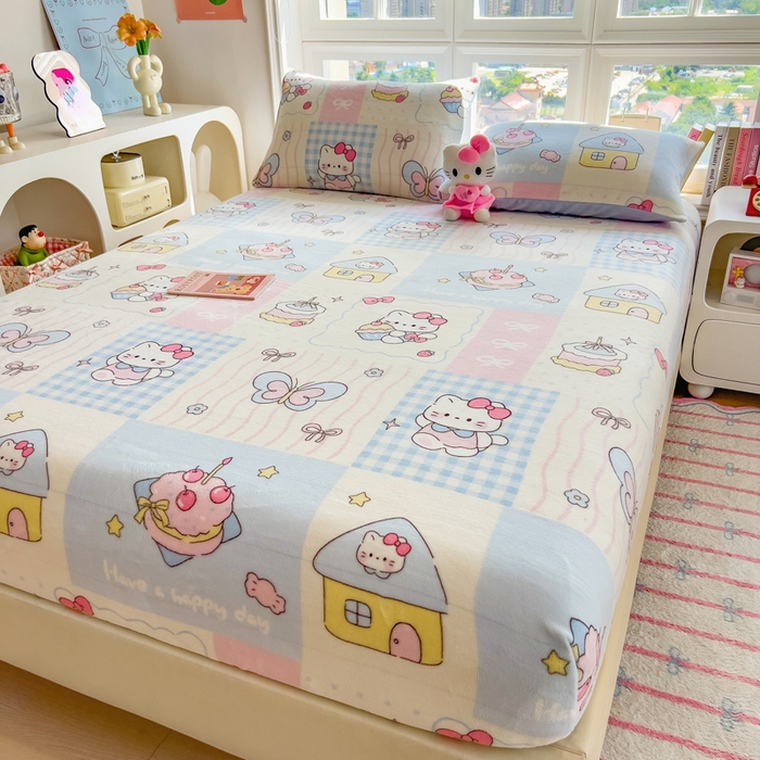 91家纺网 家纺一手货源 找家纺 摩妮卡 2025新款印花系列小清新牛奶绒印花床笠三件套 猫咪乐园