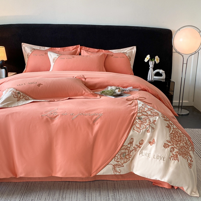 91家纺网 家纺一手货源 找家纺 桃园 新款纯棉全棉长绒棉磨毛不掉毛四件套高端礼盒-罗德岛系列 爱玛橙