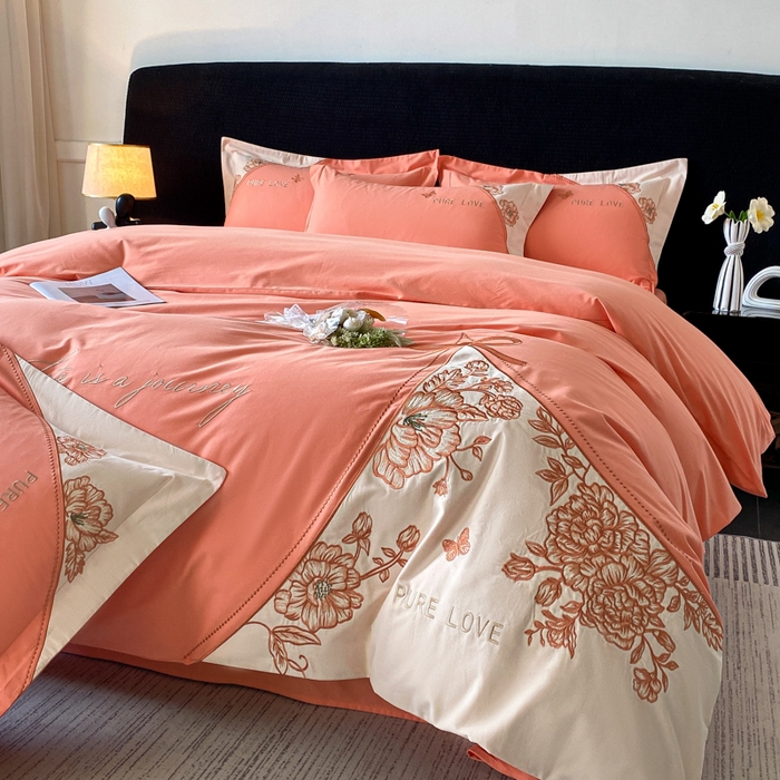 91家纺网 家纺一手货源 找家纺 桃园 新款纯棉全棉长绒棉磨毛不掉毛四件套高端礼盒-罗德岛系列 爱玛橙