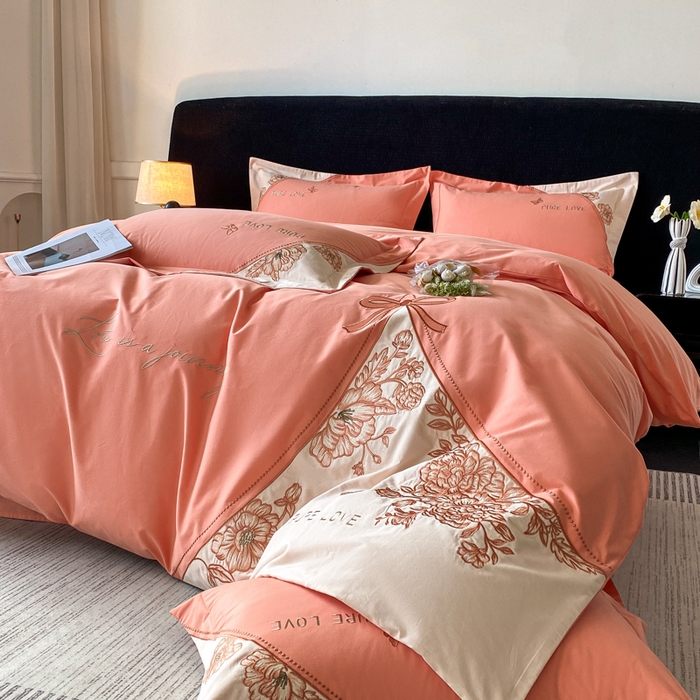 91家纺网 家纺一手货源 找家纺 桃园 新款纯棉全棉长绒棉磨毛不掉毛四件套高端礼盒-罗德岛系列 爱玛橙