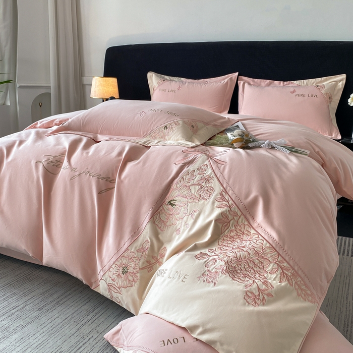 91家纺网 家纺一手货源 找家纺 桃园 新款纯棉全棉长绒棉磨毛不掉毛四件套高端礼盒-罗德岛系列 轻奢粉