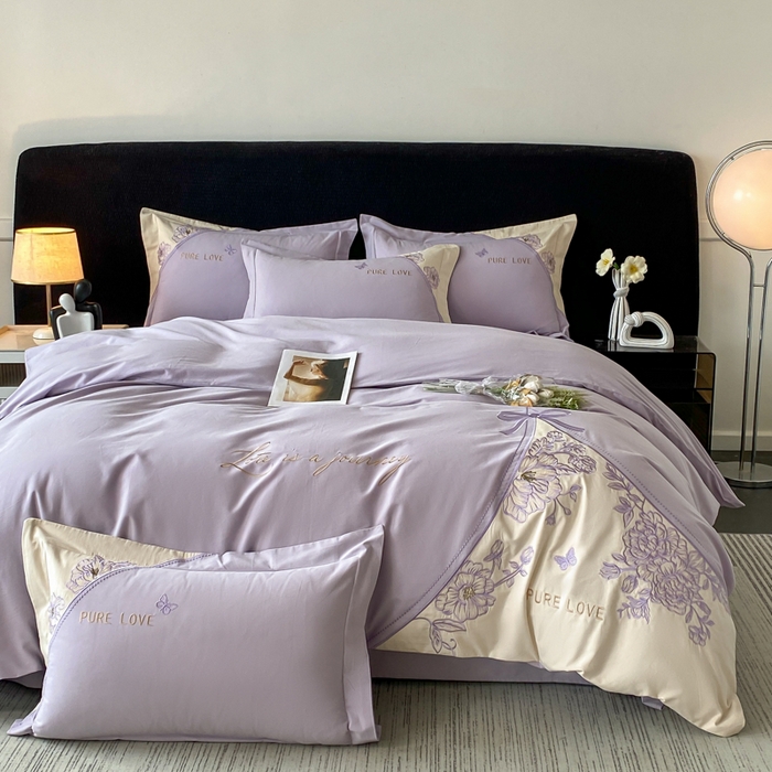 91家纺网 家纺一手货源 找家纺 桃园 新款纯棉全棉长绒棉磨毛不掉毛四件套高端礼盒-罗德岛系列 香芋紫