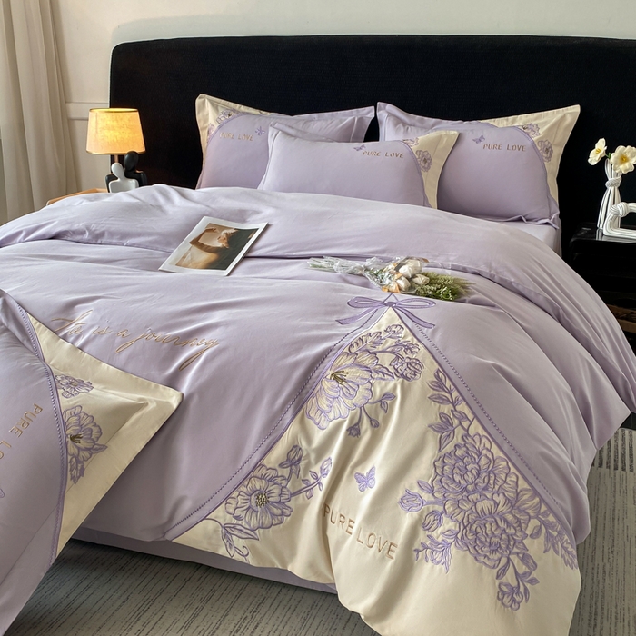 91家纺网 家纺一手货源 找家纺 桃园 新款纯棉全棉长绒棉磨毛不掉毛四件套高端礼盒-罗德岛系列 香芋紫