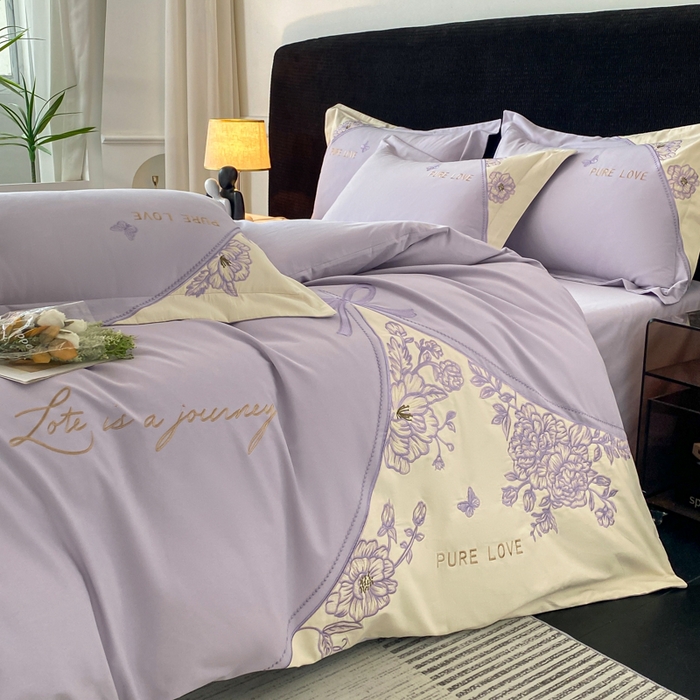 91家纺网 家纺一手货源 找家纺 桃园 新款纯棉全棉长绒棉磨毛不掉毛四件套高端礼盒-罗德岛系列 香芋紫