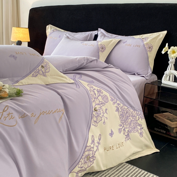 91家纺网 家纺一手货源 找家纺 桃园 新款纯棉全棉长绒棉磨毛不掉毛四件套高端礼盒-罗德岛系列 香芋紫