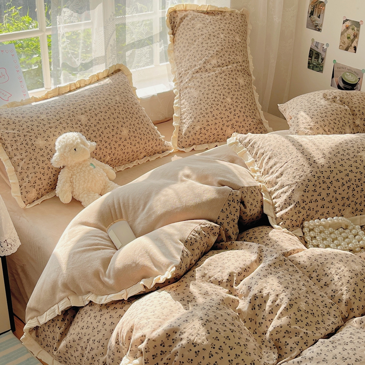 91家纺网 家纺一手货源 找家纺 桃子家居 2025新款A类韩版花边皱皱纱纯棉有氧双层纱加全消光加厚牛奶绒高品质棉加绒暖纱绒四件套 暖纱绒-美拉德