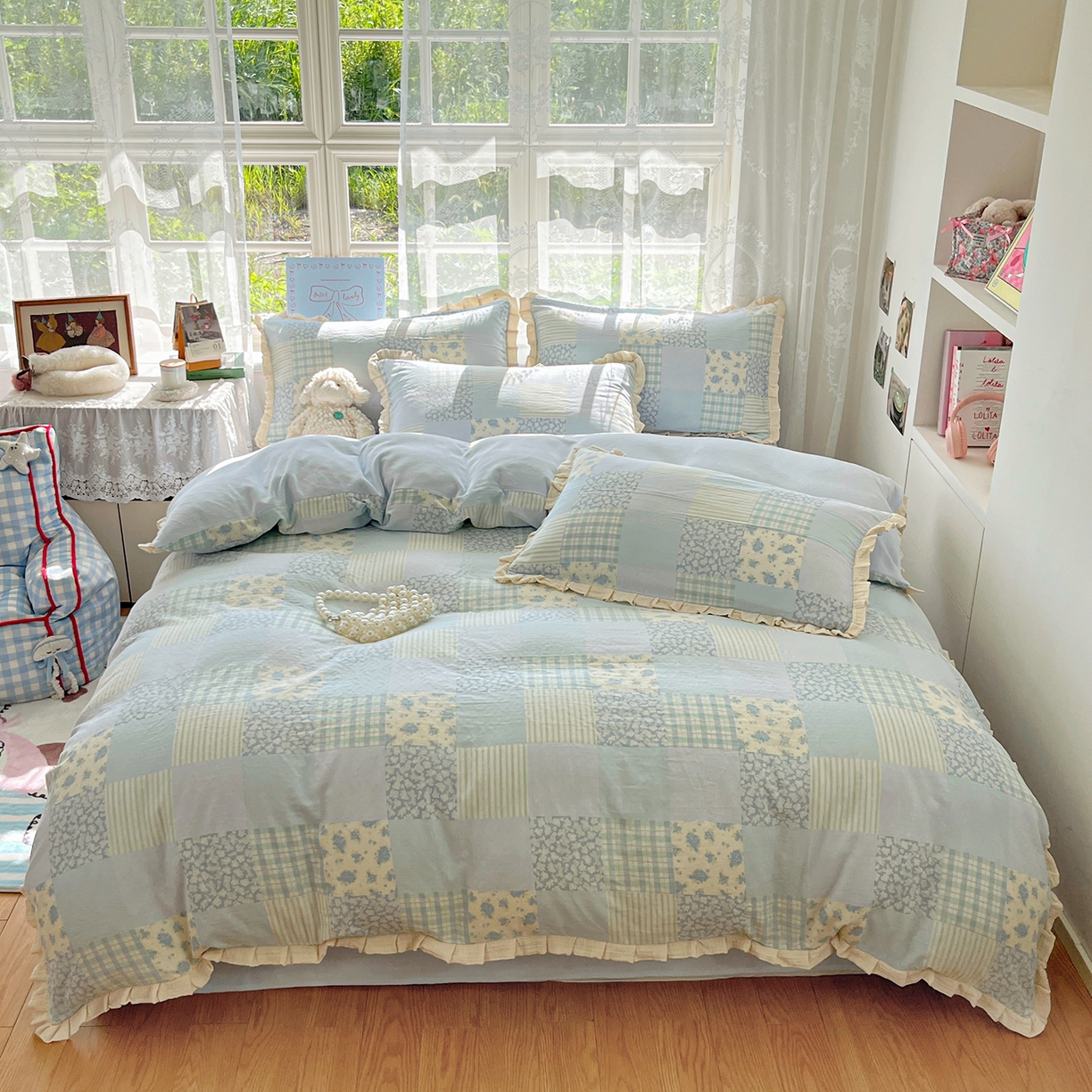 91家纺网 家纺一手货源 找家纺 桃子家居 2025新款A类韩版花边皱皱纱纯棉有氧双层纱加全消光加厚牛奶绒高品质棉加绒暖纱绒四件套 暖纱绒-花颜兰