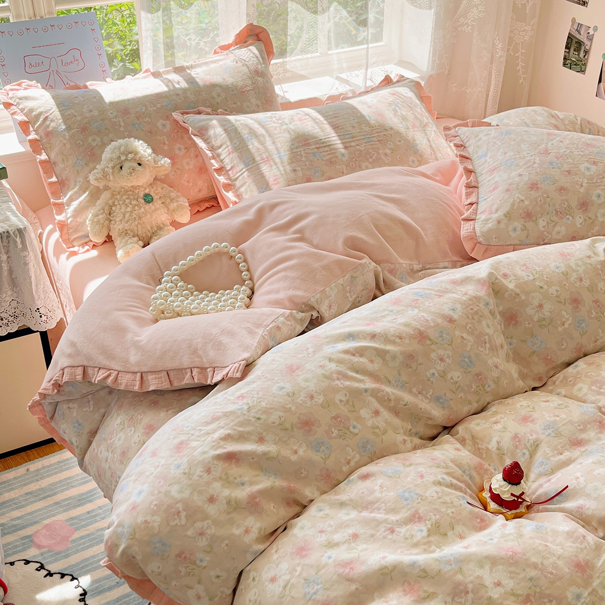 91家纺网 家纺一手货源 找家纺 （总）桃子家居 2025新款A类韩版花边皱皱纱纯棉有氧双层纱加全消光加厚牛奶绒高品质棉加绒暖纱绒四件套