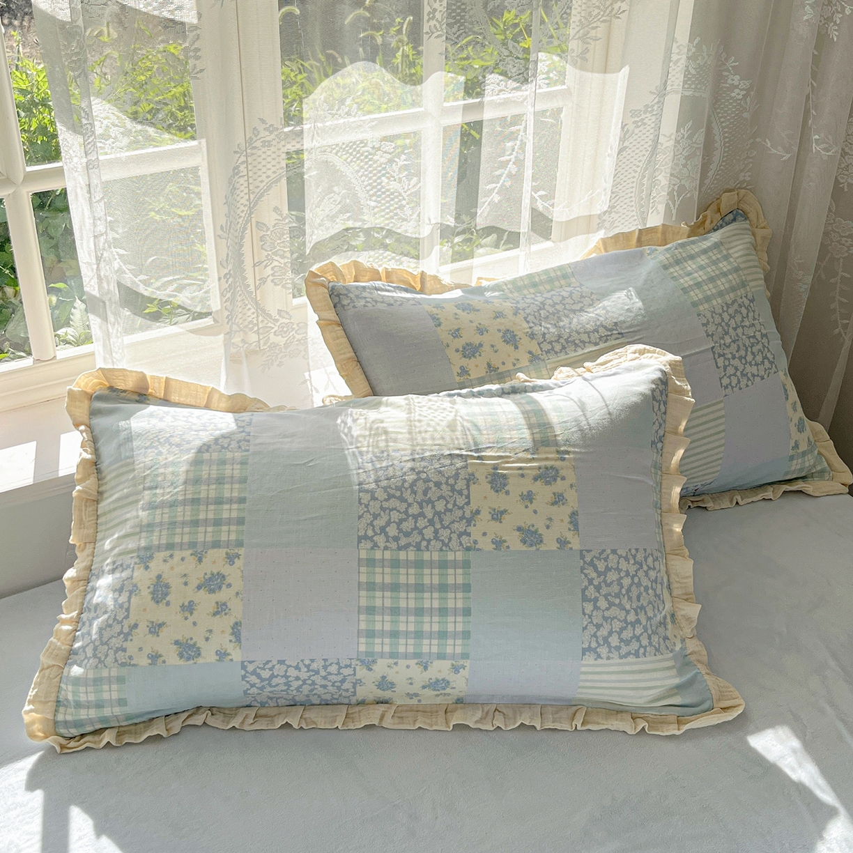 91家纺网 家纺一手货源 找家纺 桃子家居 2025新款A类韩版花边皱皱纱纯棉有氧双层纱加全消光加厚牛奶绒高品质棉加绒暖纱绒四件套 暖纱绒-花颜兰