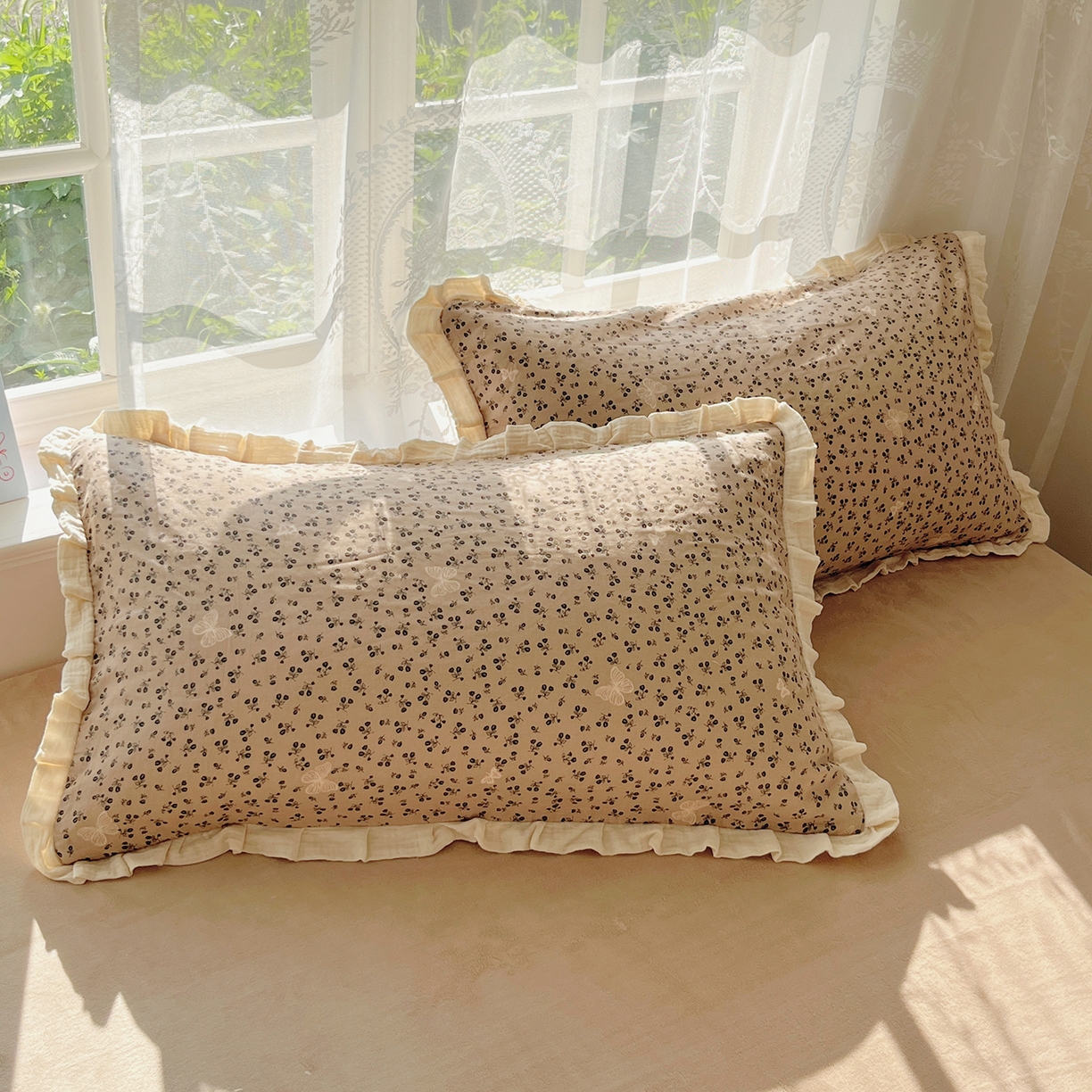 91家纺网 家纺一手货源 找家纺 桃子家居 2025新款A类韩版花边皱皱纱纯棉有氧双层纱加全消光加厚牛奶绒高品质棉加绒暖纱绒四件套 暖纱绒-美拉德