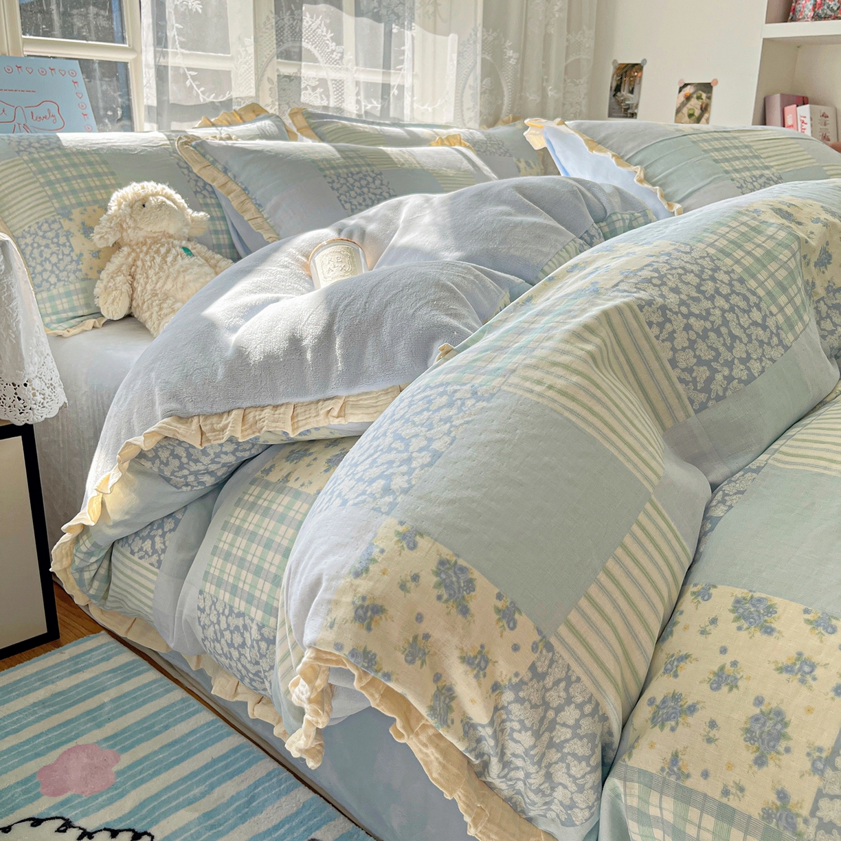 91家纺网 家纺一手货源 找家纺 桃子家居 2025新款A类韩版花边皱皱纱纯棉有氧双层纱加全消光加厚牛奶绒高品质棉加绒暖纱绒四件套 暖纱绒-花颜兰