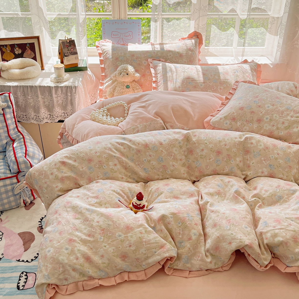 91家纺网 家纺一手货源 找家纺 （总）桃子家居 2025新款A类韩版花边皱皱纱纯棉有氧双层纱加全消光加厚牛奶绒高品质棉加绒暖纱绒四件套