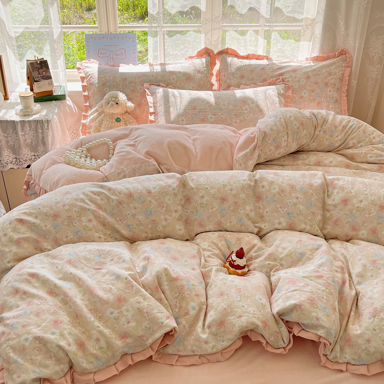 91家纺网 家纺一手货源 找家纺 （总）桃子家居 2025新款A类韩版花边皱皱纱纯棉有氧双层纱加全消光加厚牛奶绒高品质棉加绒暖纱绒四件套