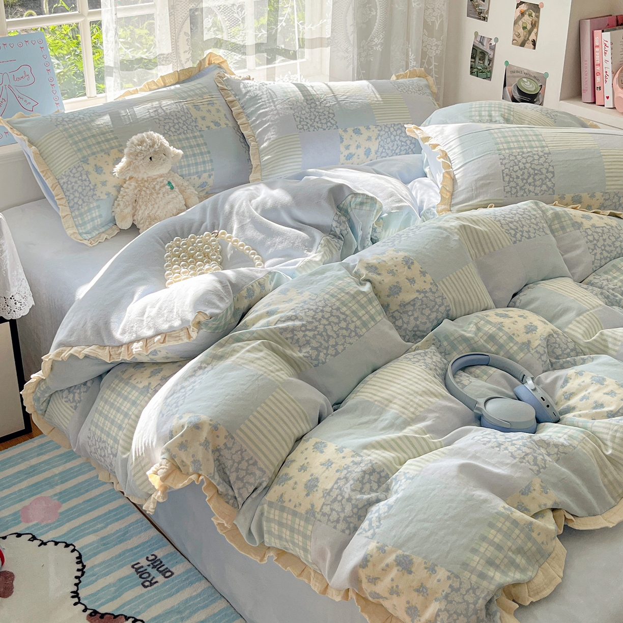 91家纺网 家纺一手货源 找家纺 桃子家居 2025新款A类韩版花边皱皱纱纯棉有氧双层纱加全消光加厚牛奶绒高品质棉加绒暖纱绒四件套 暖纱绒-花颜兰