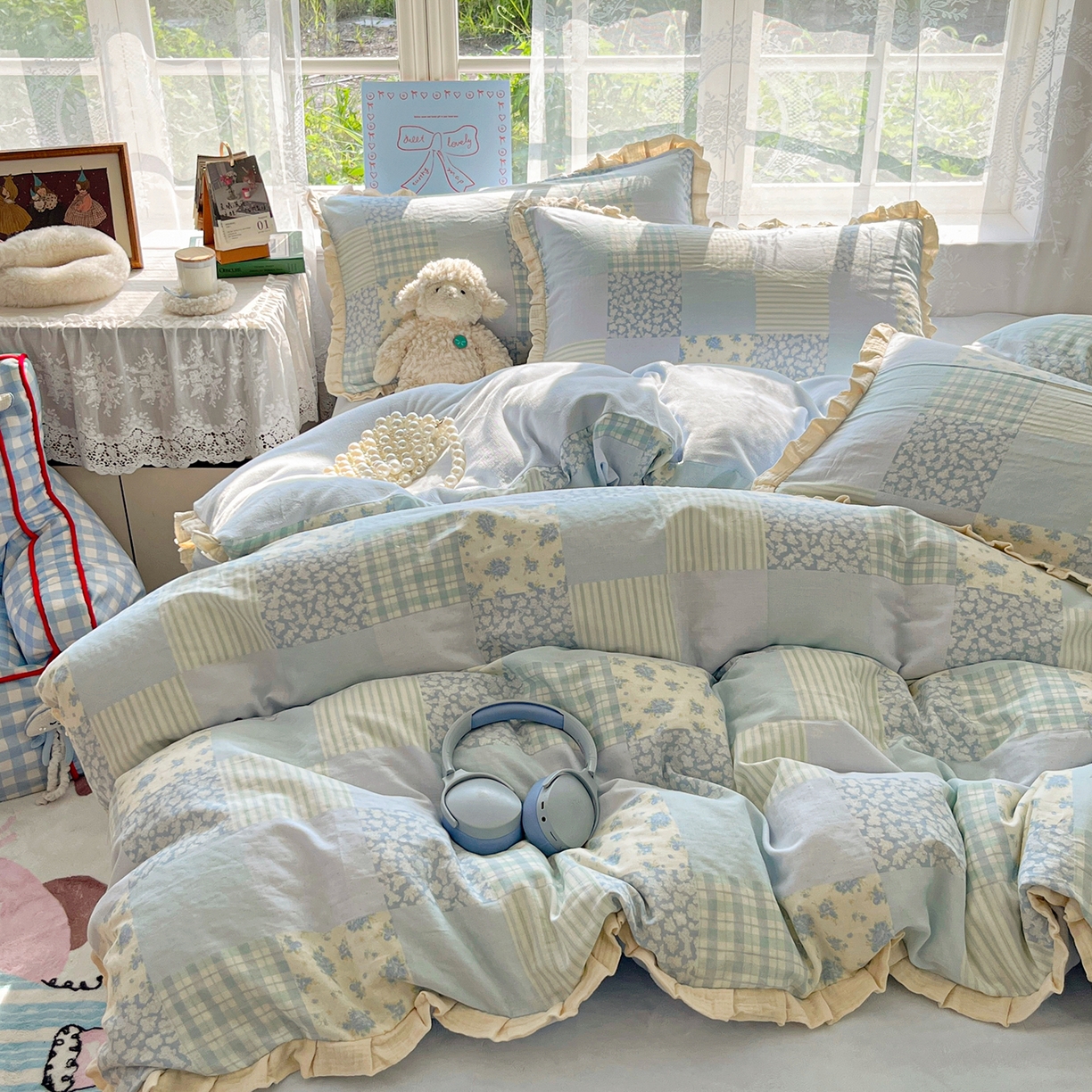 91家纺网 家纺一手货源 找家纺 桃子家居 2025新款A类韩版花边皱皱纱纯棉有氧双层纱加全消光加厚牛奶绒高品质棉加绒暖纱绒四件套 暖纱绒-花颜兰