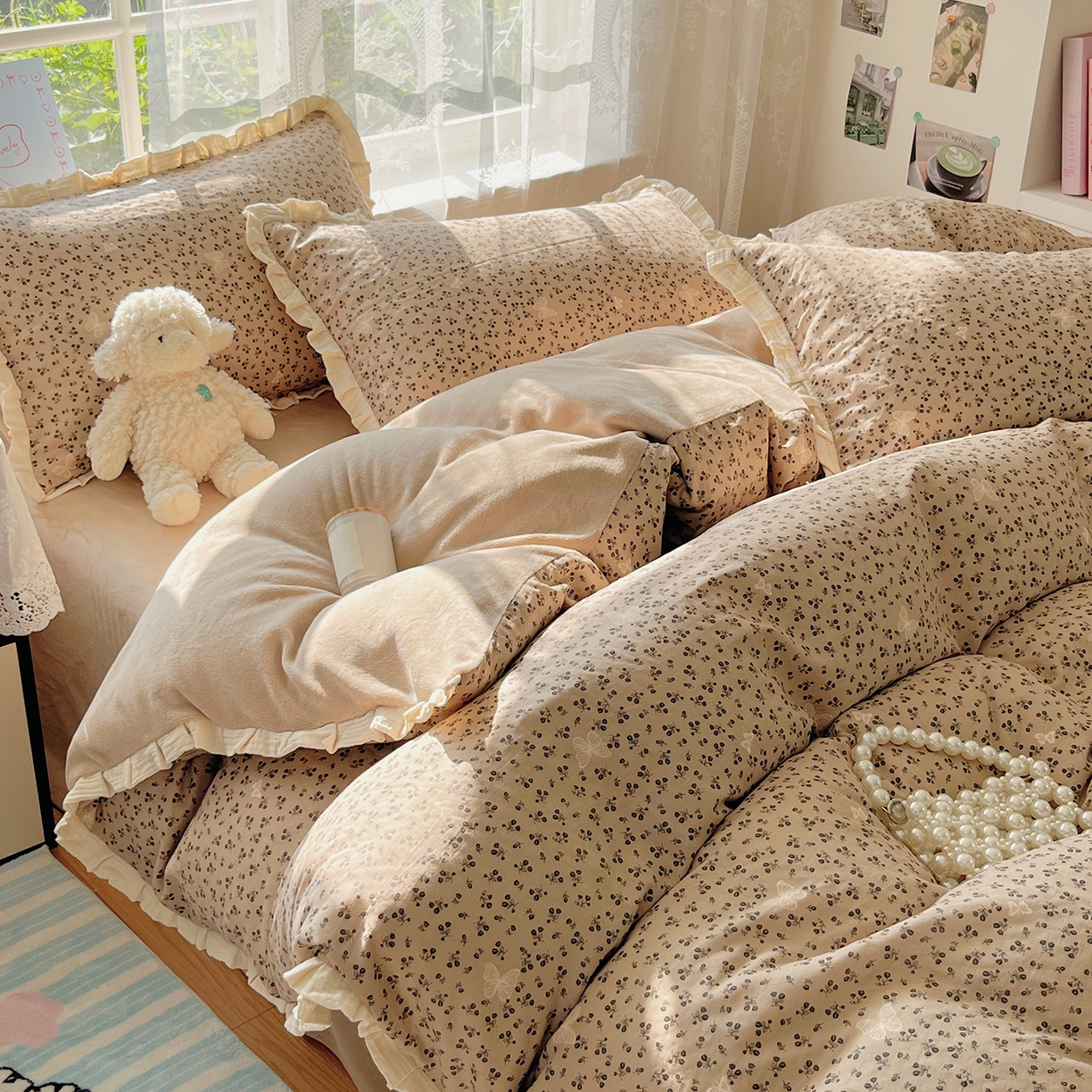 91家纺网 家纺一手货源 找家纺 桃子家居 2025新款A类韩版花边皱皱纱纯棉有氧双层纱加全消光加厚牛奶绒高品质棉加绒暖纱绒四件套 暖纱绒-美拉德