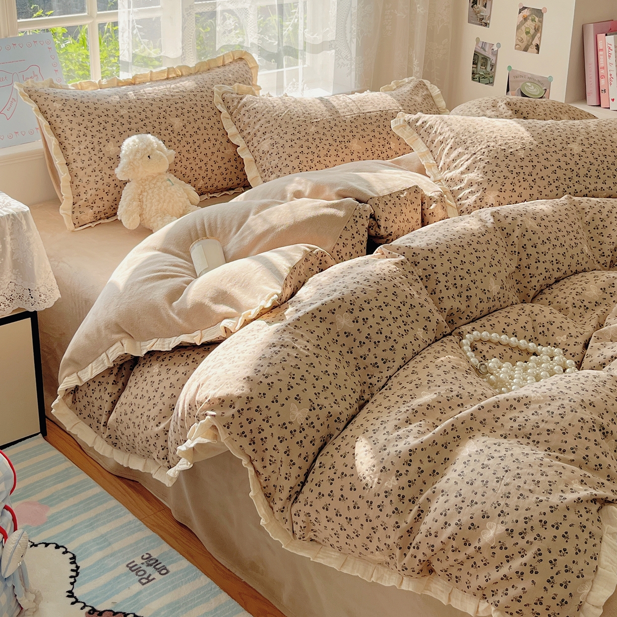 91家纺网 家纺一手货源 找家纺 桃子家居 2025新款A类韩版花边皱皱纱纯棉有氧双层纱加全消光加厚牛奶绒高品质棉加绒暖纱绒四件套 暖纱绒-美拉德