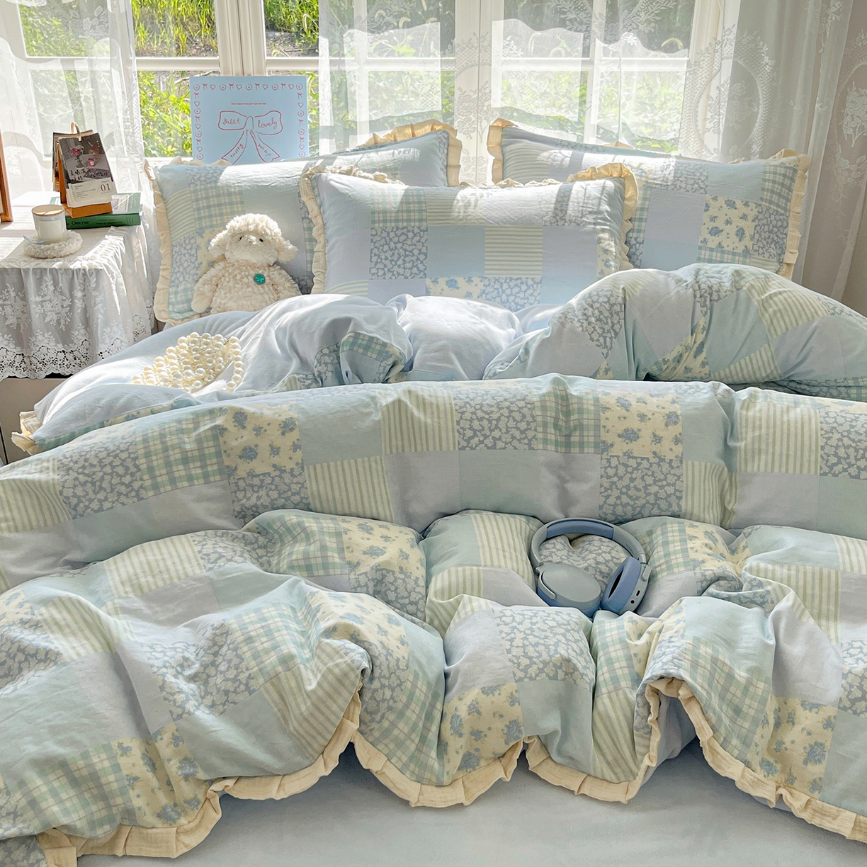 91家纺网 家纺一手货源 找家纺 桃子家居 2025新款A类韩版花边皱皱纱纯棉有氧双层纱加全消光加厚牛奶绒高品质棉加绒暖纱绒四件套 暖纱绒-花颜兰