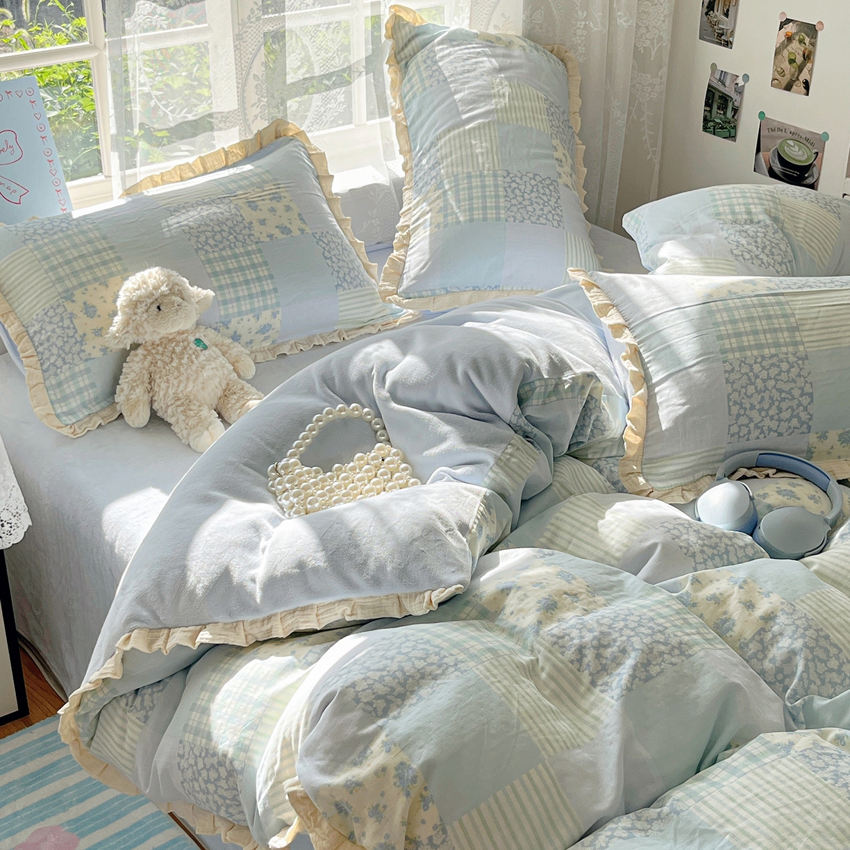 91家纺网 家纺一手货源 找家纺 桃子家居 2025新款A类韩版花边皱皱纱纯棉有氧双层纱加全消光加厚牛奶绒高品质棉加绒暖纱绒四件套 暖纱绒-花颜兰