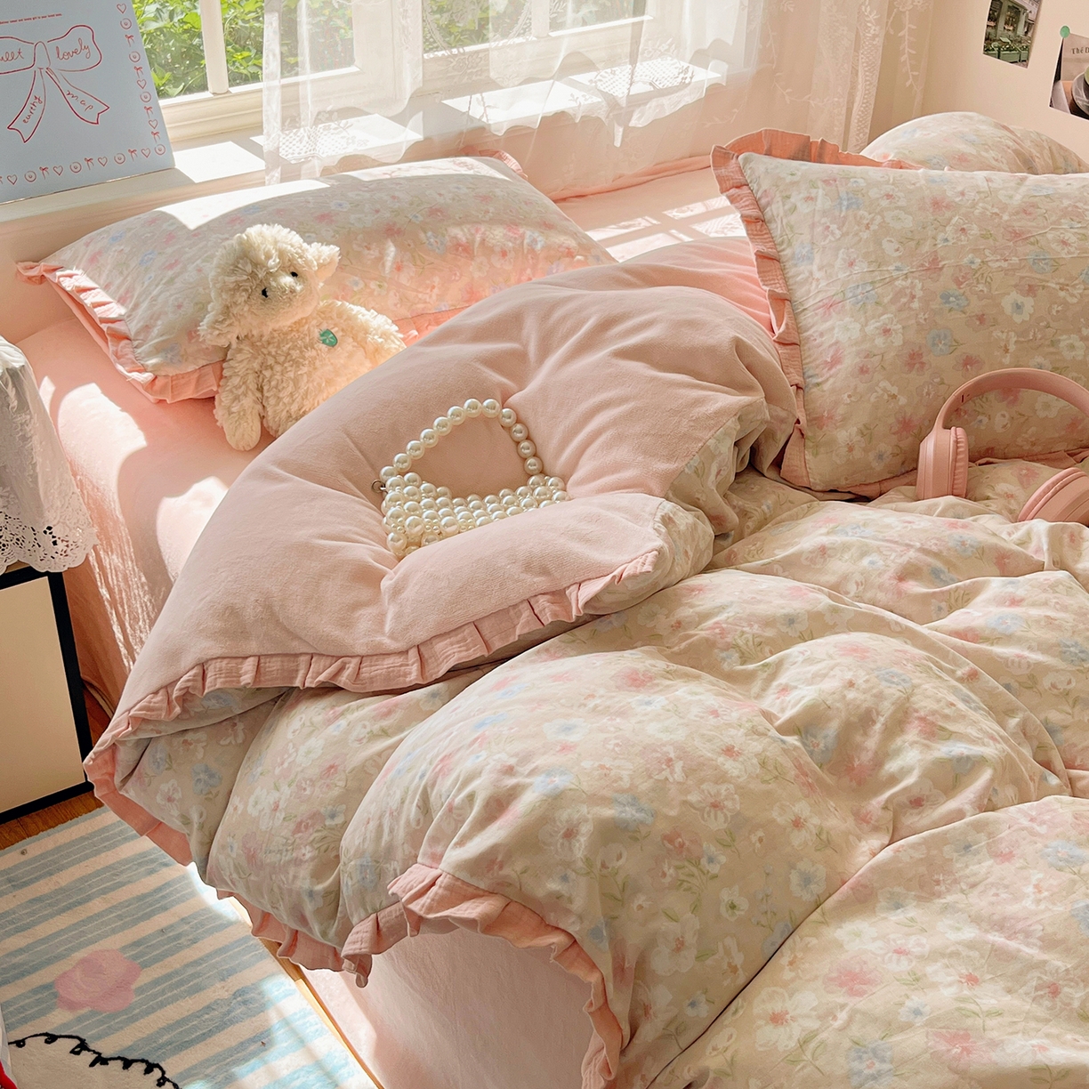 91家纺网 家纺一手货源 找家纺 （总）桃子家居 2025新款A类韩版花边皱皱纱纯棉有氧双层纱加全消光加厚牛奶绒高品质棉加绒暖纱绒四件套