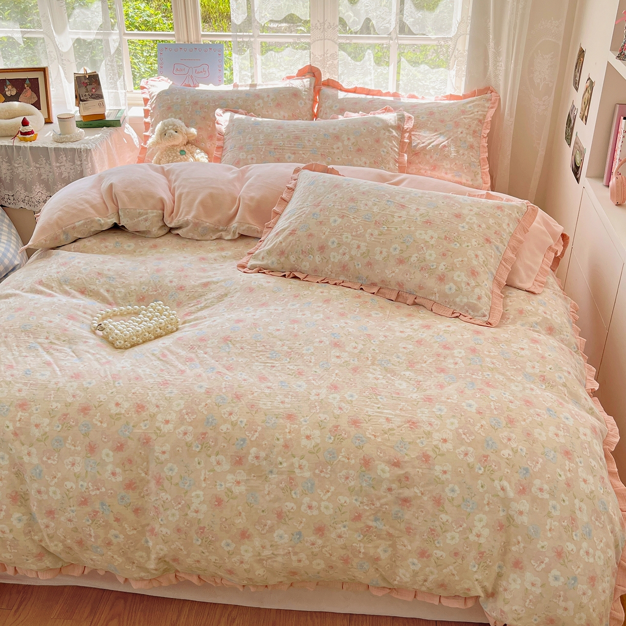 91家纺网 家纺一手货源 找家纺 （总）桃子家居 2025新款A类韩版花边皱皱纱纯棉有氧双层纱加全消光加厚牛奶绒高品质棉加绒暖纱绒四件套