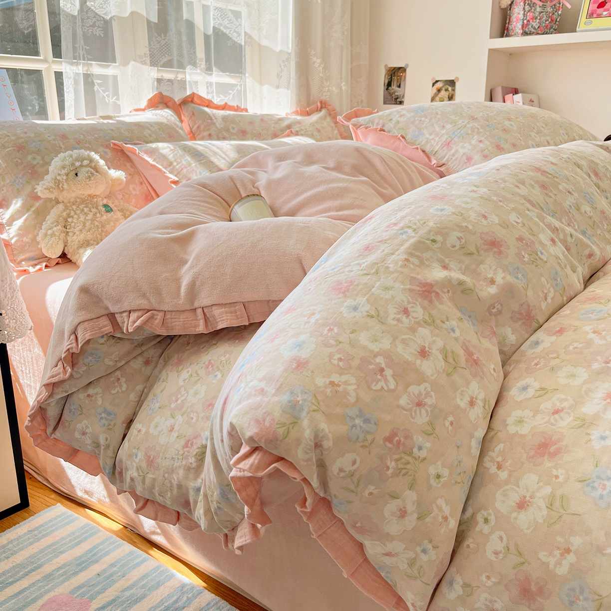 91家纺网 家纺一手货源 找家纺 （总）桃子家居 2025新款A类韩版花边皱皱纱纯棉有氧双层纱加全消光加厚牛奶绒高品质棉加绒暖纱绒四件套