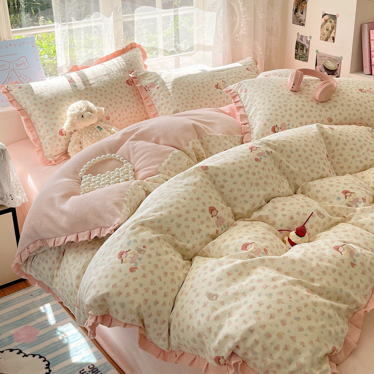 91家纺网 家纺一手货源 找家纺 桃子家居 2025新款A类韩版花边皱皱纱纯棉有氧双层纱加全消光加厚牛奶绒高品质棉加绒暖纱绒四件套 暖纱绒-小红帽女孩