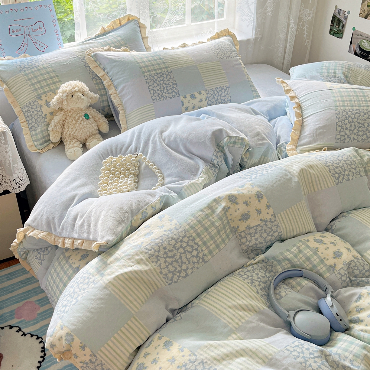 91家纺网 家纺一手货源 找家纺 桃子家居 2025新款A类韩版花边皱皱纱纯棉有氧双层纱加全消光加厚牛奶绒高品质棉加绒暖纱绒四件套 暖纱绒-花颜兰