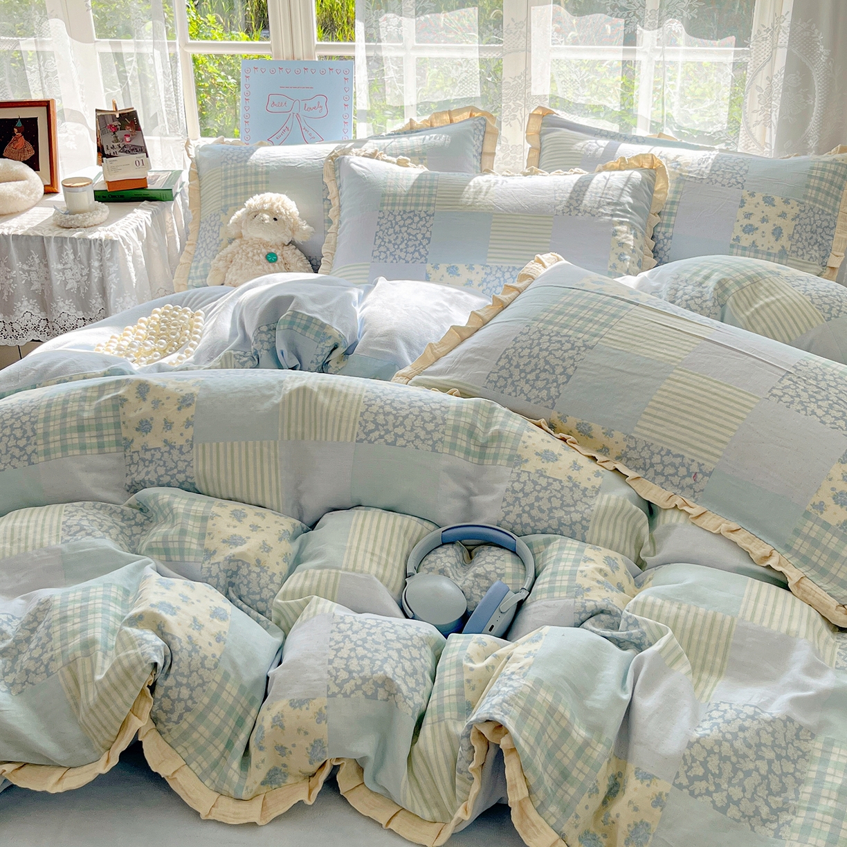 91家纺网 家纺一手货源 找家纺 桃子家居 2025新款A类韩版花边皱皱纱纯棉有氧双层纱加全消光加厚牛奶绒高品质棉加绒暖纱绒四件套 暖纱绒-花颜兰