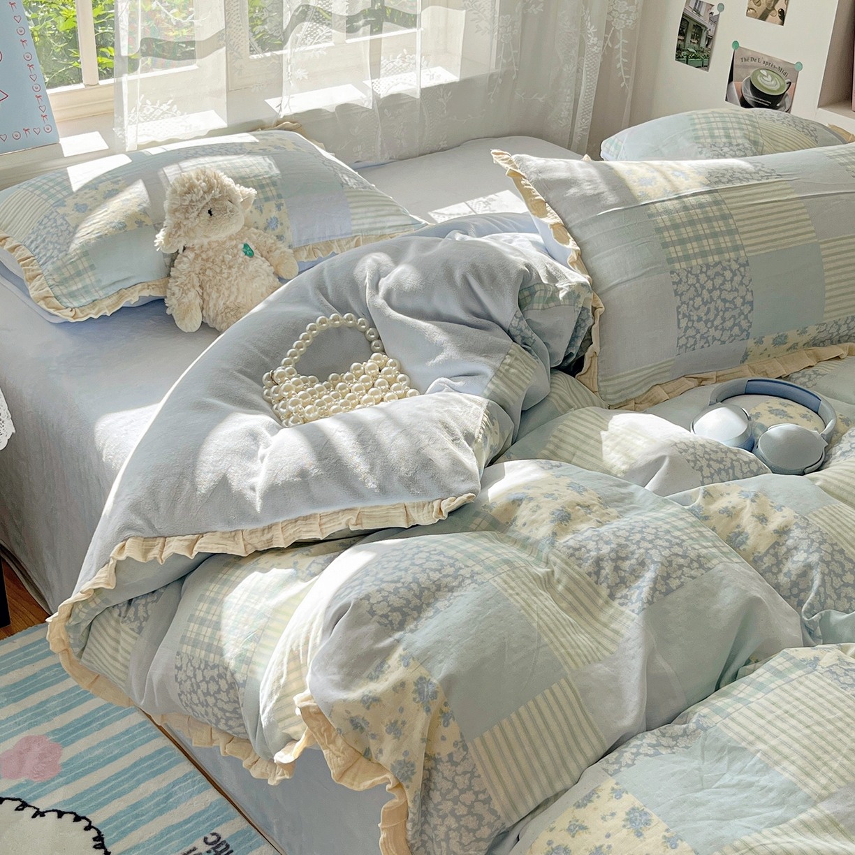 91家纺网 家纺一手货源 找家纺 桃子家居 2025新款A类韩版花边皱皱纱纯棉有氧双层纱加全消光加厚牛奶绒高品质棉加绒暖纱绒四件套 暖纱绒-花颜兰