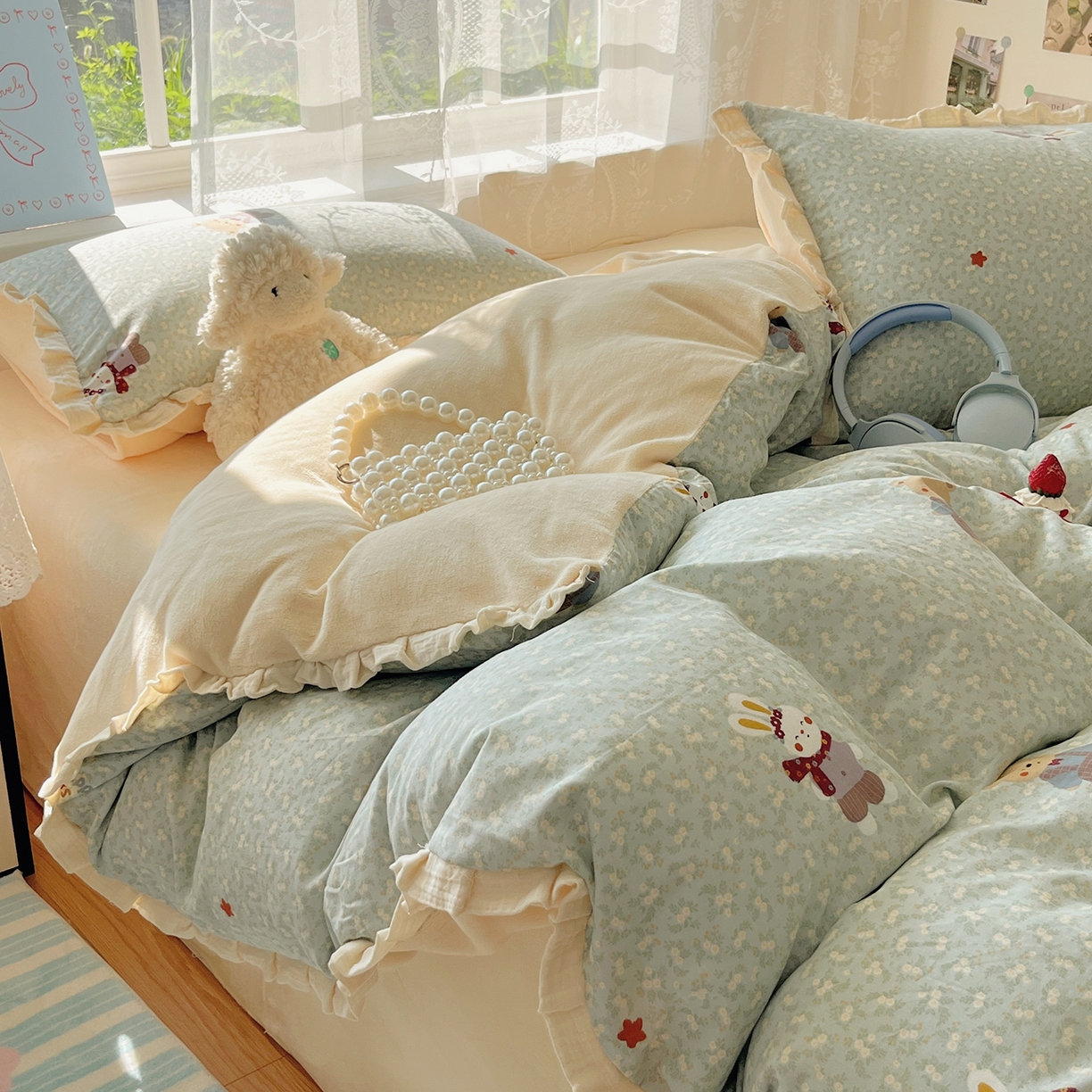 91家纺网 家纺一手货源 找家纺 桃子家居 2025新款A类韩版花边皱皱纱纯棉有氧双层纱加全消光加厚牛奶绒高品质棉加绒暖纱绒四件套 暖纱绒-小确幸