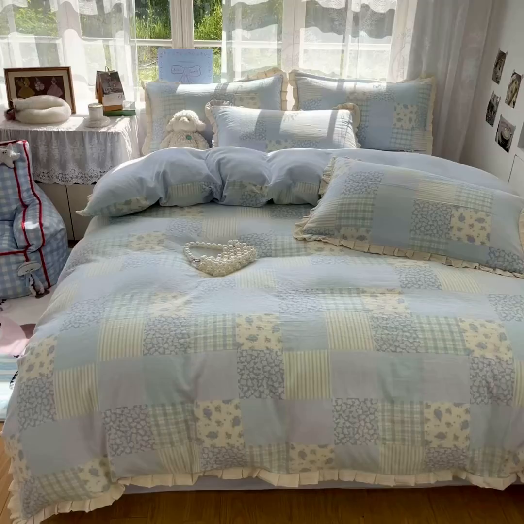 91家纺网 家纺一手货源 找家纺 桃子家居 2025新款A类韩版花边皱皱纱纯棉有氧双层纱加全消光加厚牛奶绒高品质棉加绒暖纱绒四件套 暖纱绒-花颜兰