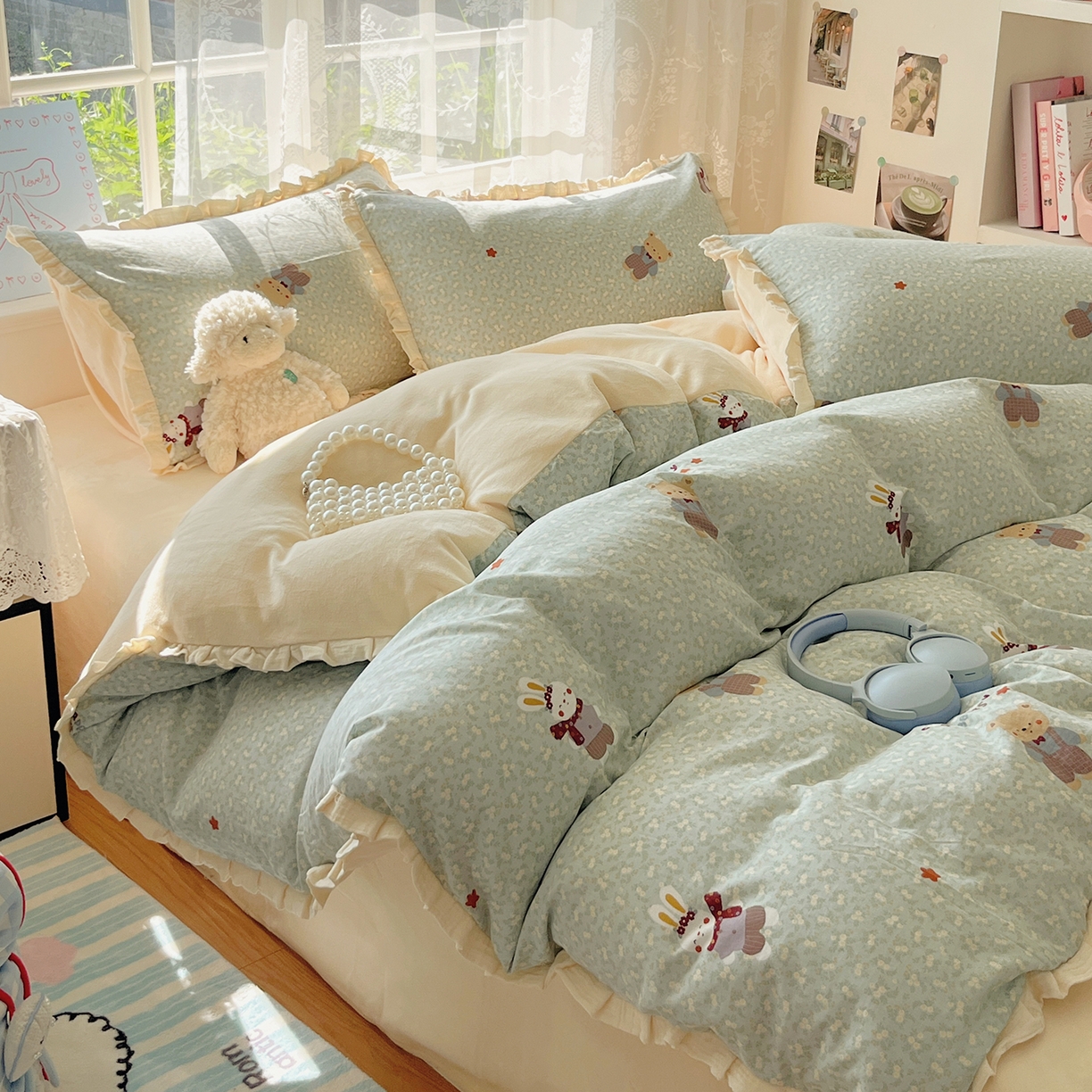 91家纺网 家纺一手货源 找家纺 桃子家居 2025新款A类韩版花边皱皱纱纯棉有氧双层纱加全消光加厚牛奶绒高品质棉加绒暖纱绒四件套 暖纱绒-小确幸