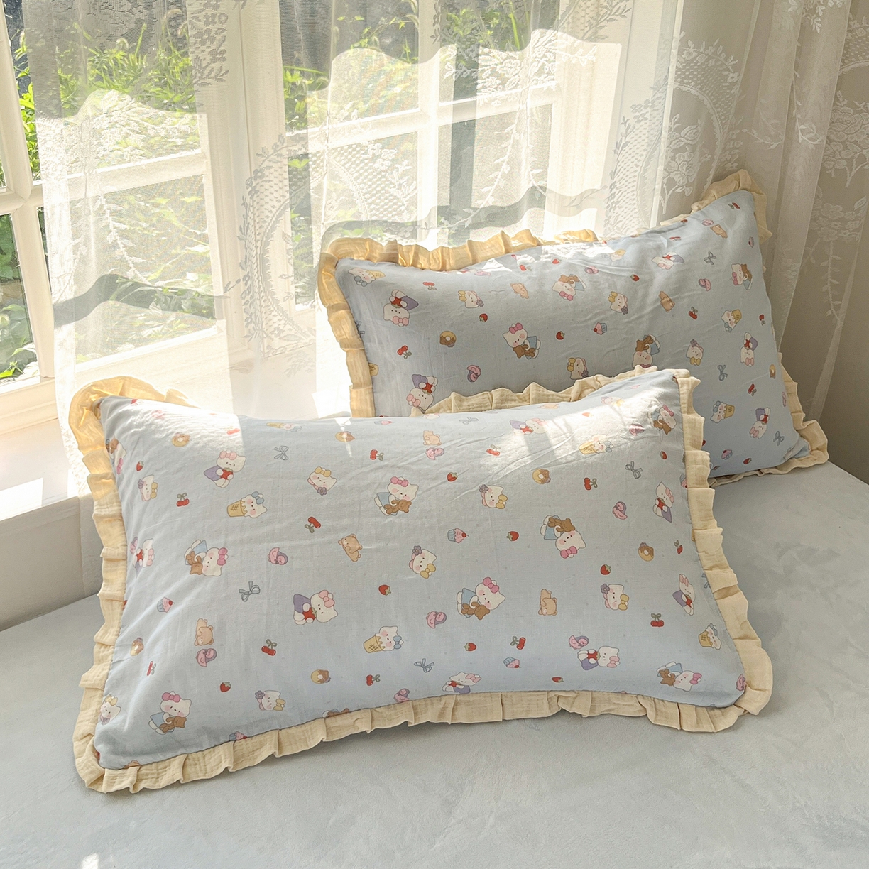 91家纺网 家纺一手货源 找家纺 桃子家居 2025新款A类韩版花边皱皱纱纯棉有氧双层纱加全消光加厚牛奶绒高品质棉加绒暖纱绒四件套 暖纱绒-喵可爱蓝