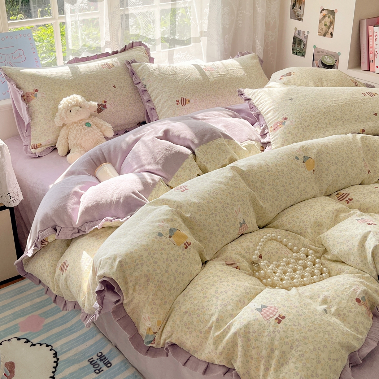 91家纺网 家纺一手货源 找家纺 桃子家居 2025新款A类韩版花边皱皱纱纯棉有氧双层纱加全消光加厚牛奶绒高品质棉加绒暖纱绒四件套 暖纱绒-美美兔