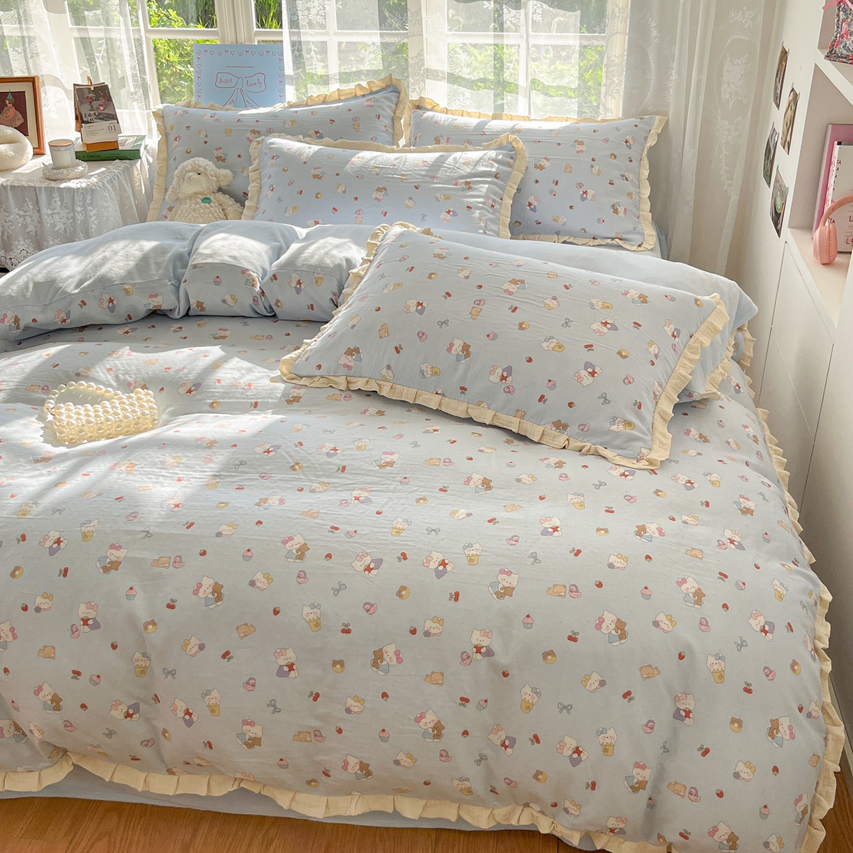 91家纺网 家纺一手货源 找家纺 桃子家居 2025新款A类韩版花边皱皱纱纯棉有氧双层纱加全消光加厚牛奶绒高品质棉加绒暖纱绒四件套 暖纱绒-喵可爱蓝