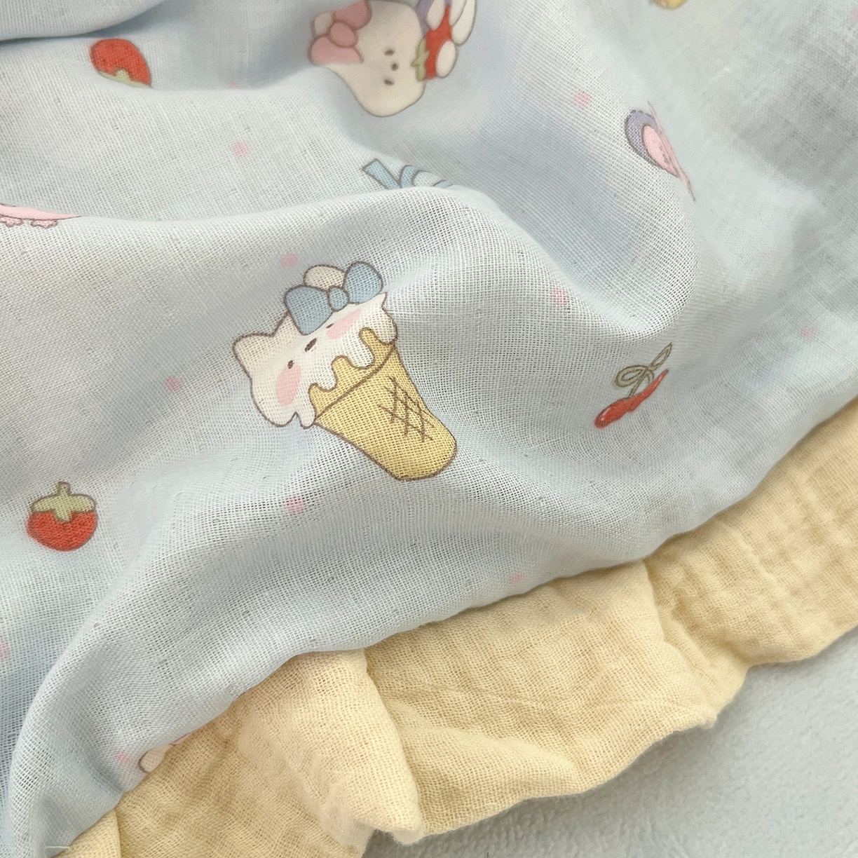 91家纺网 家纺一手货源 找家纺 桃子家居 2025新款A类韩版花边皱皱纱纯棉有氧双层纱加全消光加厚牛奶绒高品质棉加绒暖纱绒四件套 暖纱绒-喵可爱蓝