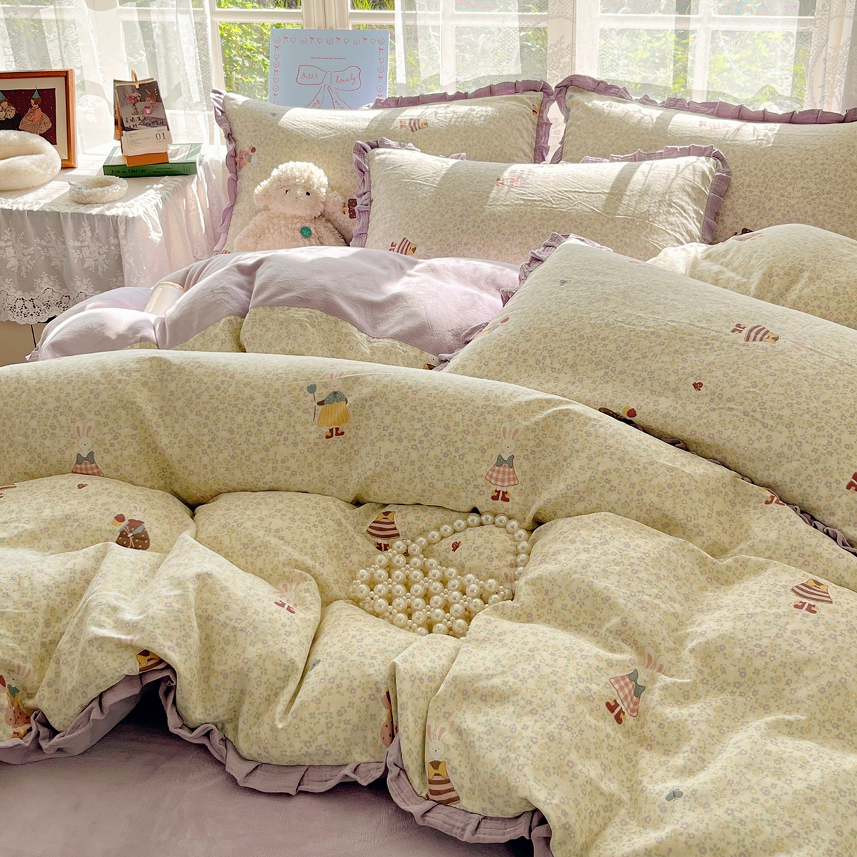 91家纺网 家纺一手货源 找家纺 桃子家居 2025新款A类韩版花边皱皱纱纯棉有氧双层纱加全消光加厚牛奶绒高品质棉加绒暖纱绒四件套 暖纱绒-美美兔