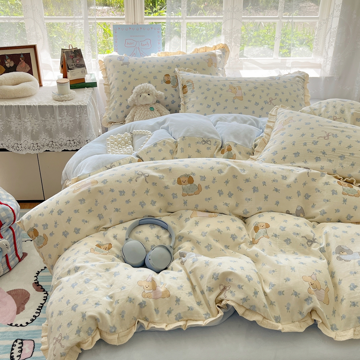 91家纺网 家纺一手货源 找家纺 桃子家居 2025新款A类韩版花边皱皱纱纯棉有氧双层纱加全消光加厚牛奶绒高品质棉加绒暖纱绒四件套 暖纱绒-蓝花小狗