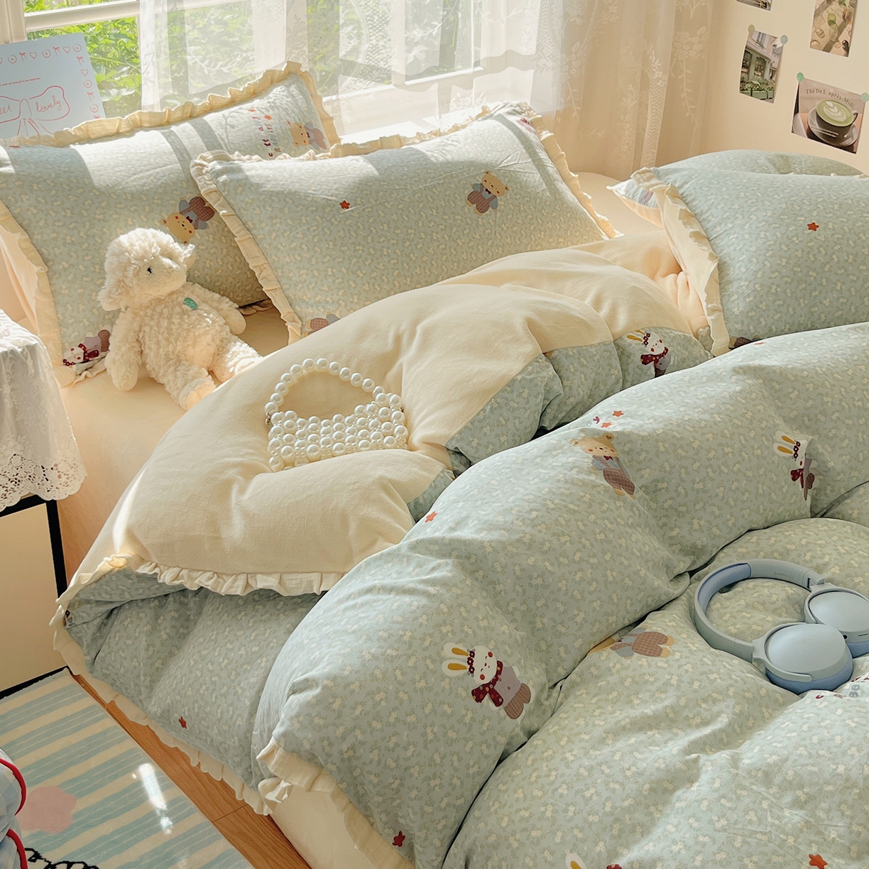 91家纺网 家纺一手货源 找家纺 桃子家居 2025新款A类韩版花边皱皱纱纯棉有氧双层纱加全消光加厚牛奶绒高品质棉加绒暖纱绒四件套 暖纱绒-小确幸