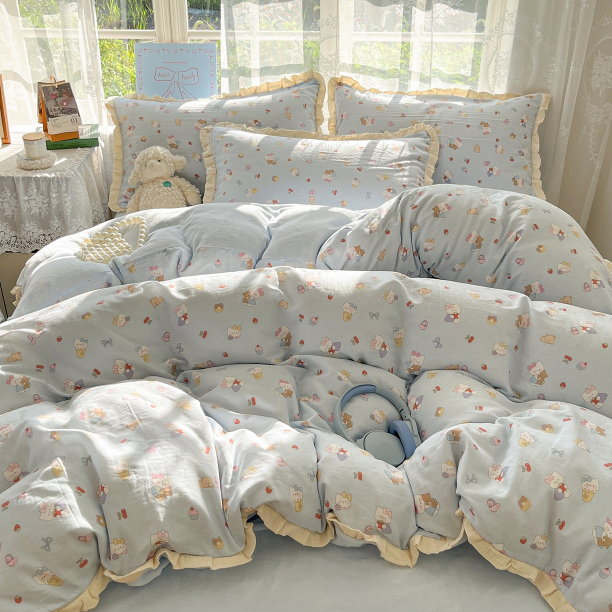 91家纺网 家纺一手货源 找家纺 桃子家居 2025新款A类韩版花边皱皱纱纯棉有氧双层纱加全消光加厚牛奶绒高品质棉加绒暖纱绒四件套 暖纱绒-喵可爱蓝