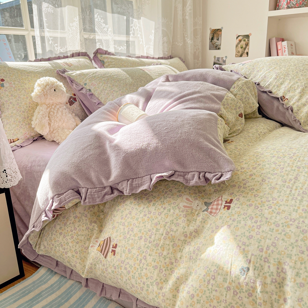 91家纺网 家纺一手货源 找家纺 桃子家居 2025新款A类韩版花边皱皱纱纯棉有氧双层纱加全消光加厚牛奶绒高品质棉加绒暖纱绒四件套 暖纱绒-美美兔