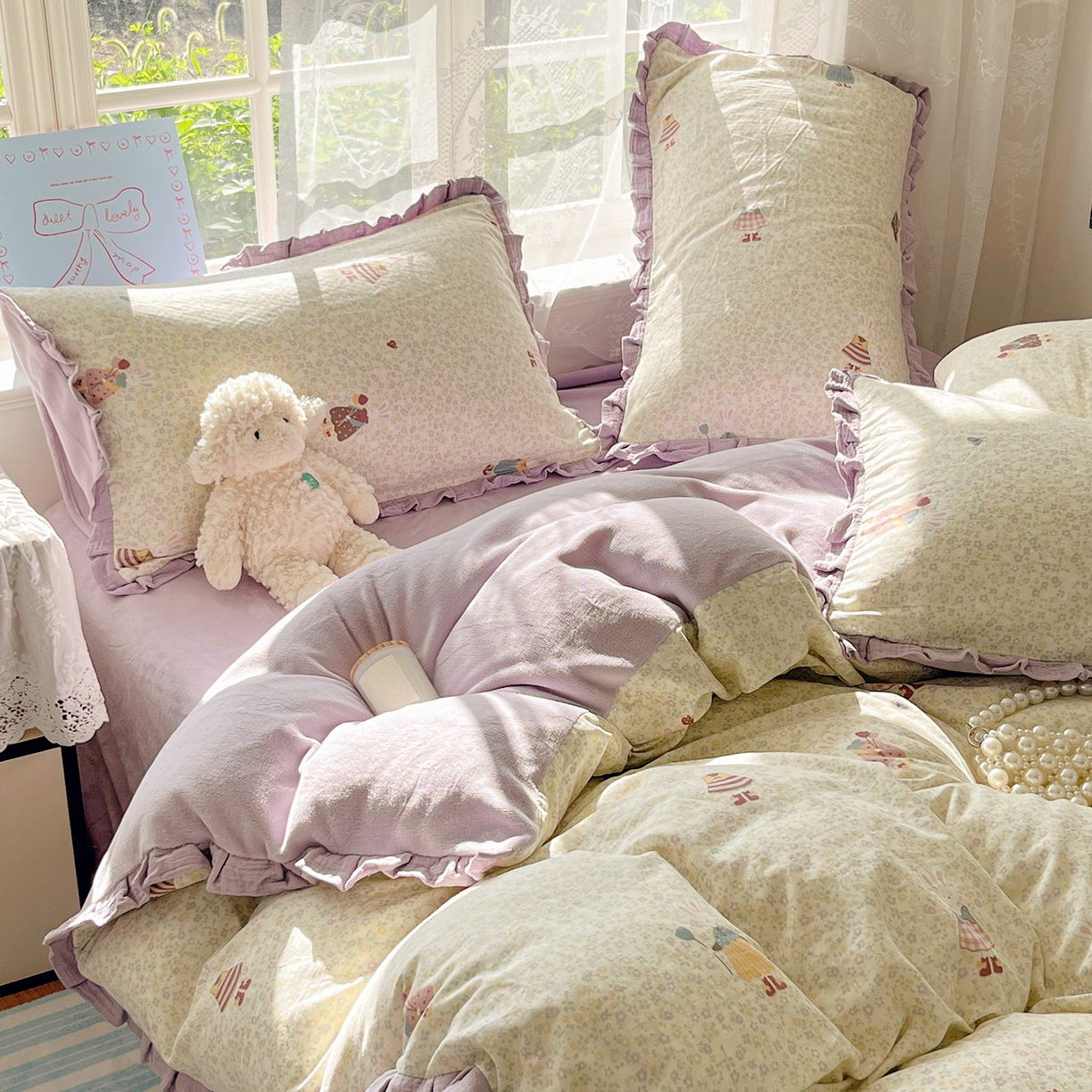 91家纺网 家纺一手货源 找家纺 桃子家居 2025新款A类韩版花边皱皱纱纯棉有氧双层纱加全消光加厚牛奶绒高品质棉加绒暖纱绒四件套 暖纱绒-美美兔