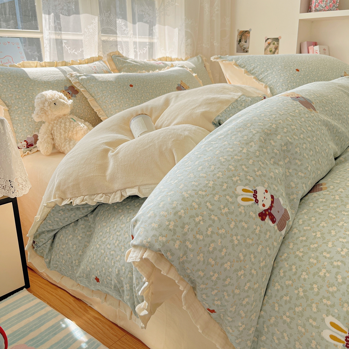 91家纺网 家纺一手货源 找家纺 桃子家居 2025新款A类韩版花边皱皱纱纯棉有氧双层纱加全消光加厚牛奶绒高品质棉加绒暖纱绒四件套 暖纱绒-小确幸