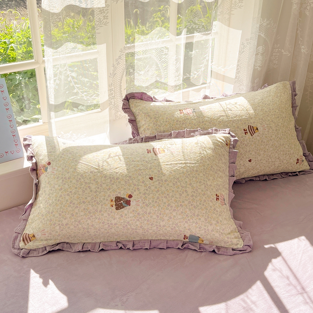 91家纺网 家纺一手货源 找家纺 桃子家居 2025新款A类韩版花边皱皱纱纯棉有氧双层纱加全消光加厚牛奶绒高品质棉加绒暖纱绒四件套 暖纱绒-美美兔