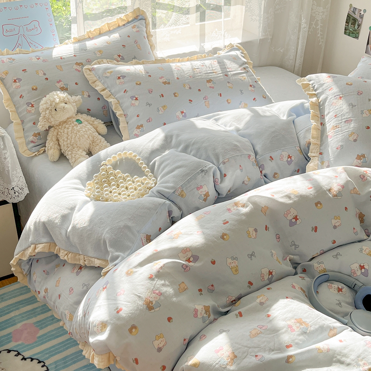 91家纺网 家纺一手货源 找家纺 桃子家居 2025新款A类韩版花边皱皱纱纯棉有氧双层纱加全消光加厚牛奶绒高品质棉加绒暖纱绒四件套 暖纱绒-喵可爱蓝