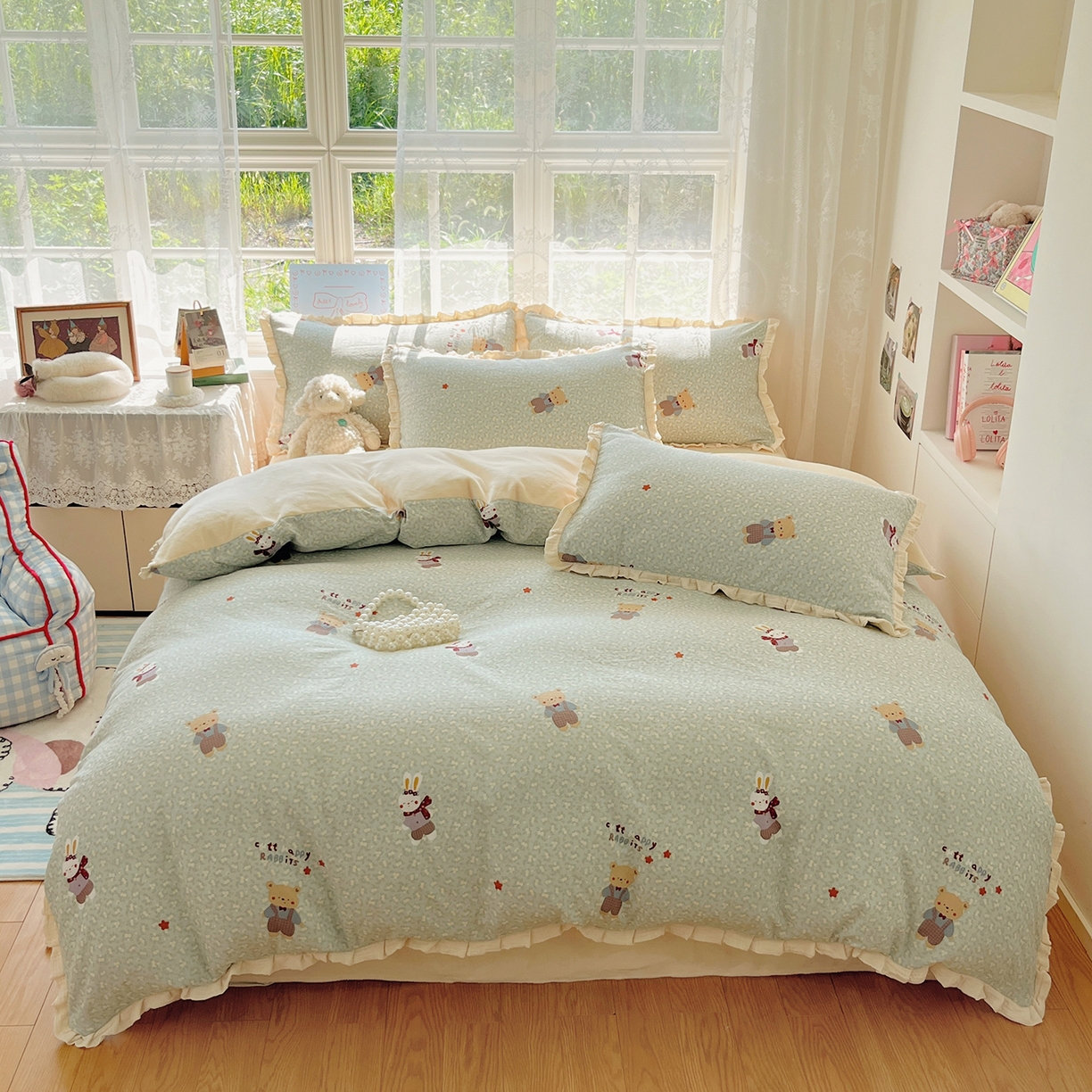 91家纺网 家纺一手货源 找家纺 桃子家居 2025新款A类韩版花边皱皱纱纯棉有氧双层纱加全消光加厚牛奶绒高品质棉加绒暖纱绒四件套 暖纱绒-小确幸