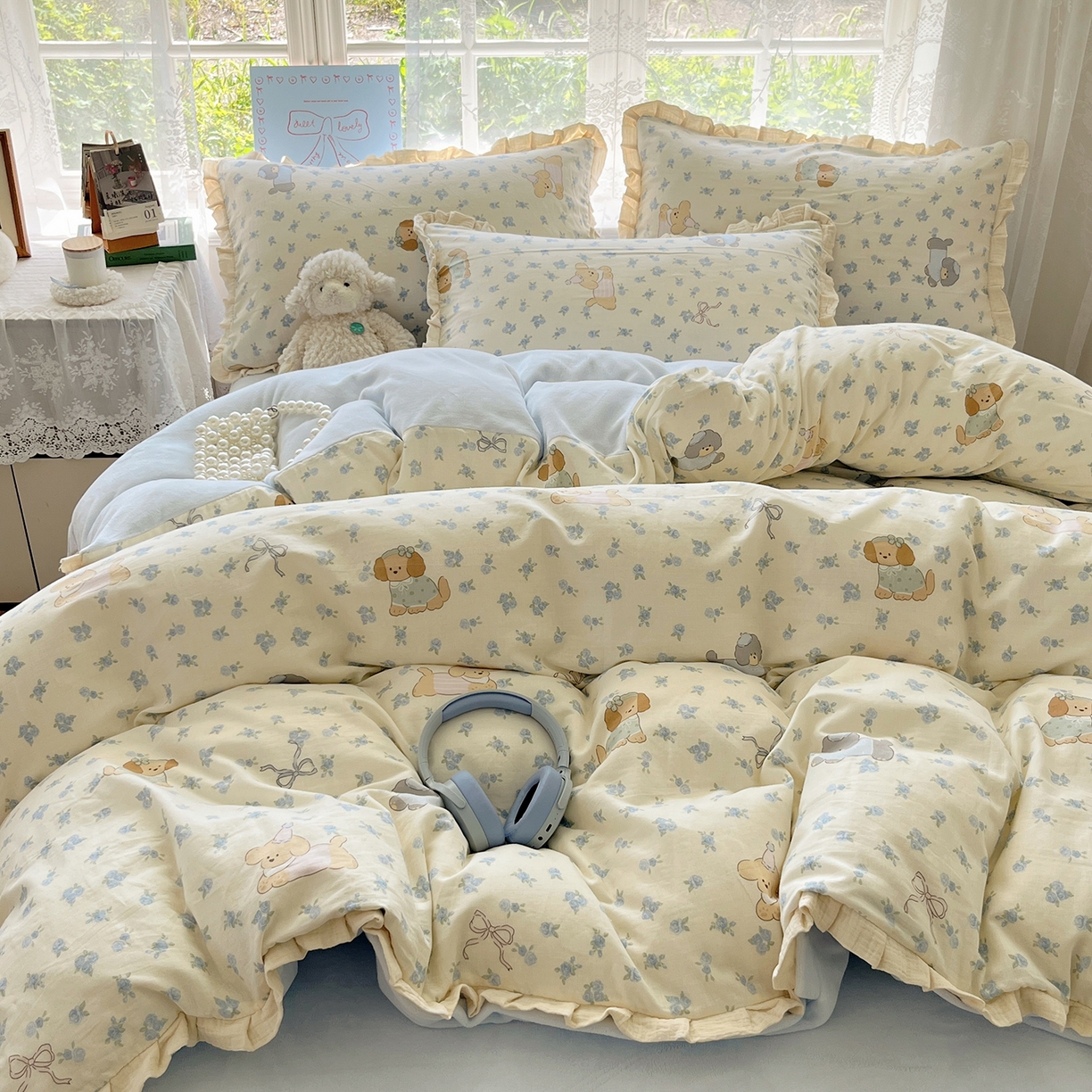 91家纺网 家纺一手货源 找家纺 桃子家居 2025新款A类韩版花边皱皱纱纯棉有氧双层纱加全消光加厚牛奶绒高品质棉加绒暖纱绒四件套 暖纱绒-蓝花小狗