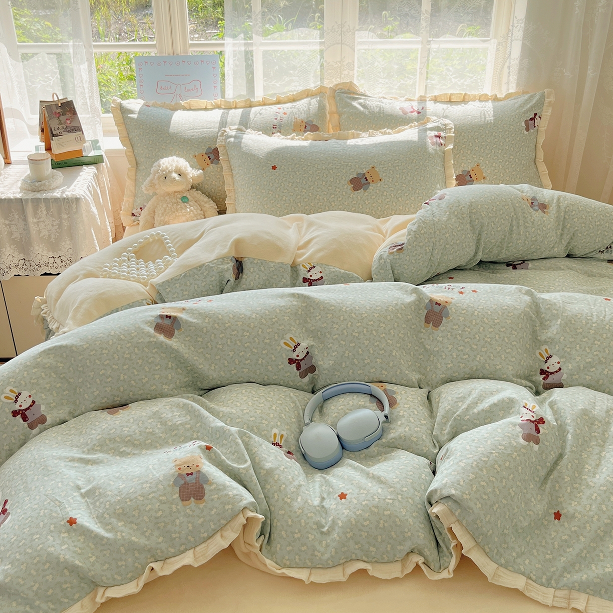 91家纺网 家纺一手货源 找家纺 桃子家居 2025新款A类韩版花边皱皱纱纯棉有氧双层纱加全消光加厚牛奶绒高品质棉加绒暖纱绒四件套 暖纱绒-小确幸